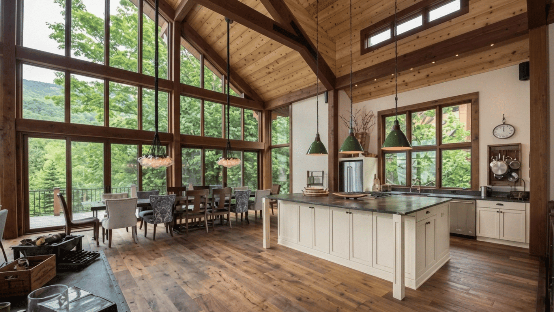 vaulted ceiling kitchen with exposed wood beams large windows dining area and spacious island workspace