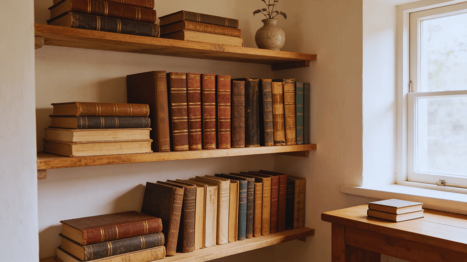 vintage books on wooden shelves with warm tones near window in cozy cottage room