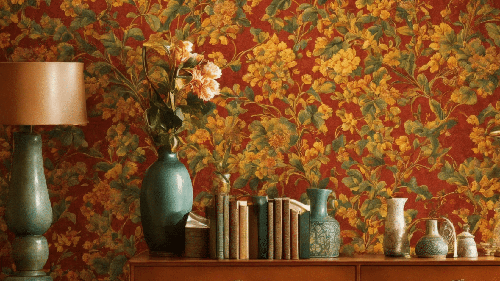 vintage floral wallpaper in warm red and gold tones behind decorative vases books and a table lamp on a wooden cabinet