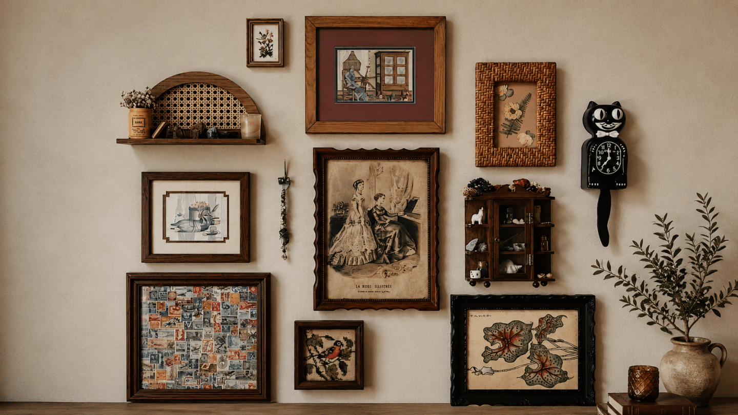 vintage gallery wall with framed artwork shelf decor black cat clock and potted plant on a neutral wall background