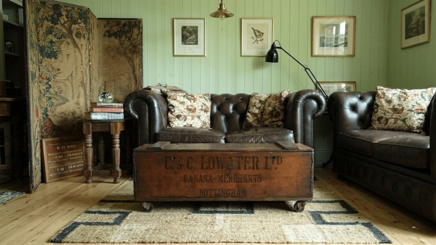 vintage living room with leather sofas floral cushions and a wooden trunk table against soft green paneled walls