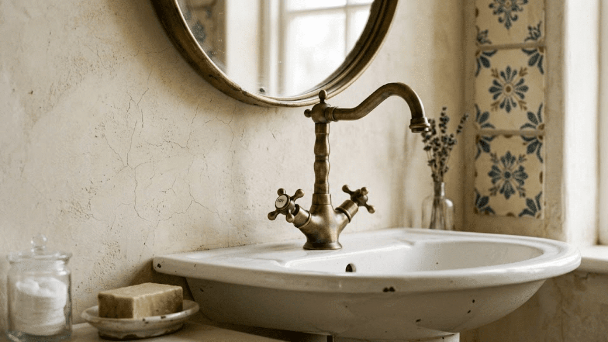 vintage sink with brass faucet round mirror and textured wall beside patterned tile and window light