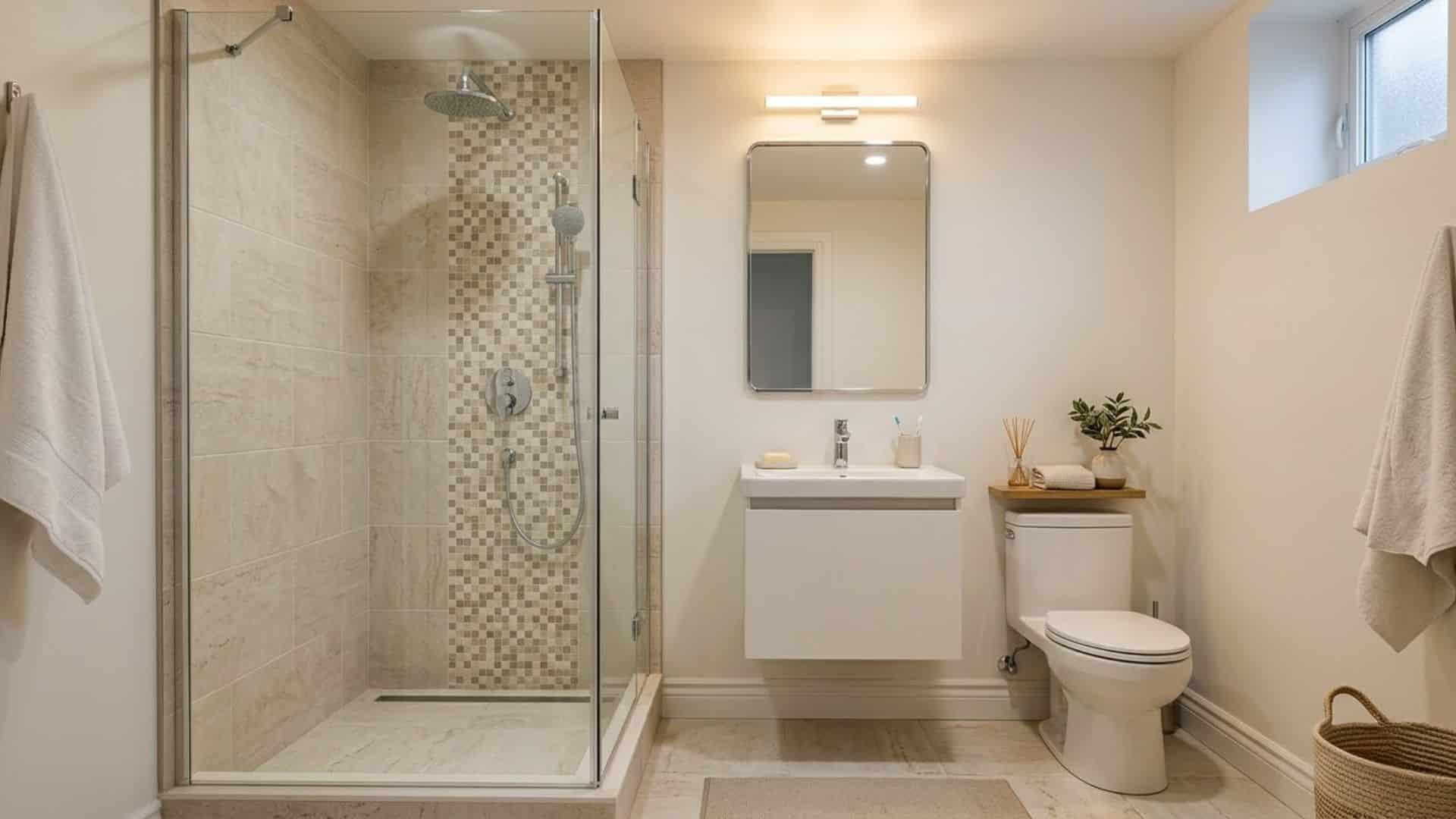 walk in shower with glass doors in basement bathroom with neutral tiles open layout and clean modern design
