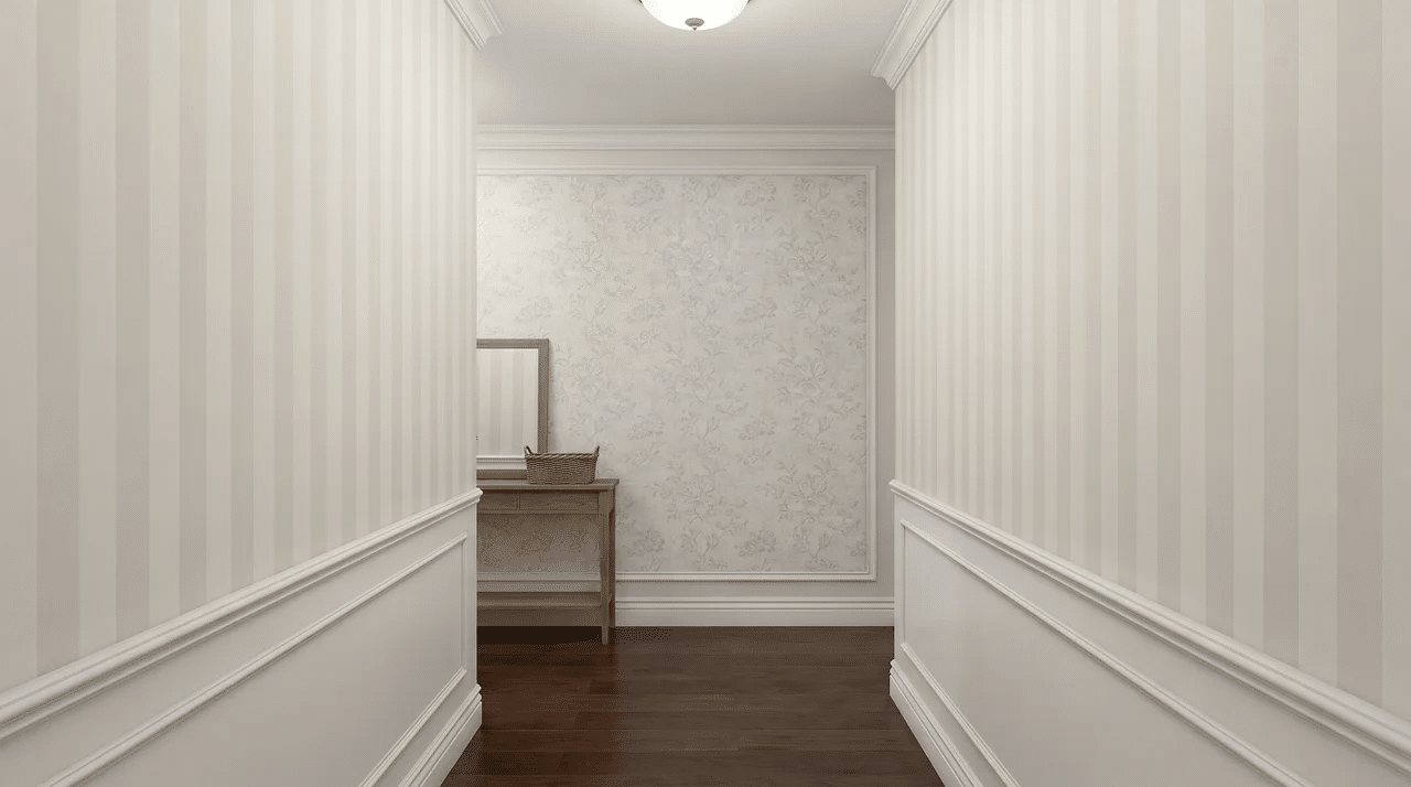 narrow entryway with vertical wall stripes, molding, and end-wall wallpaper