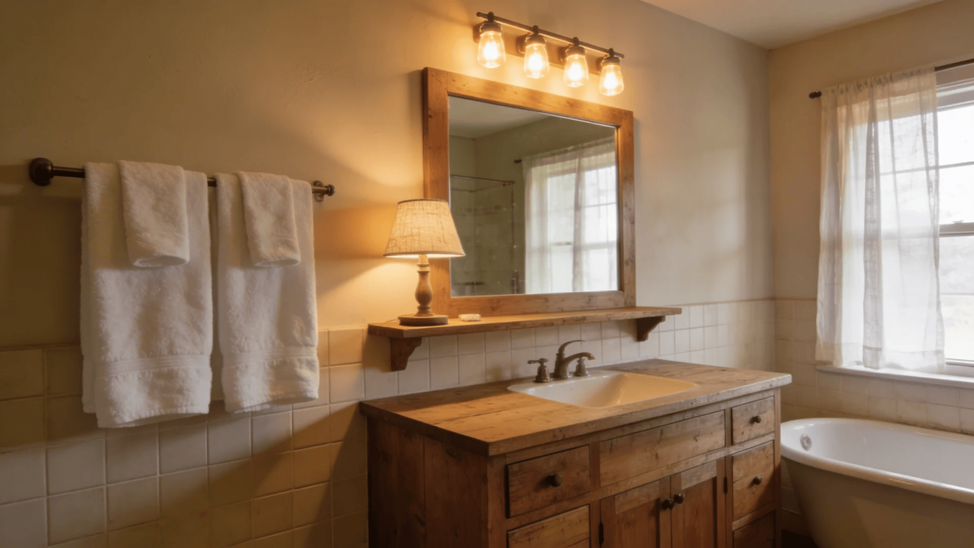 warm bathroom with wooden vanity mirror soft lighting and freestanding tub near window creating cozy atmosphere