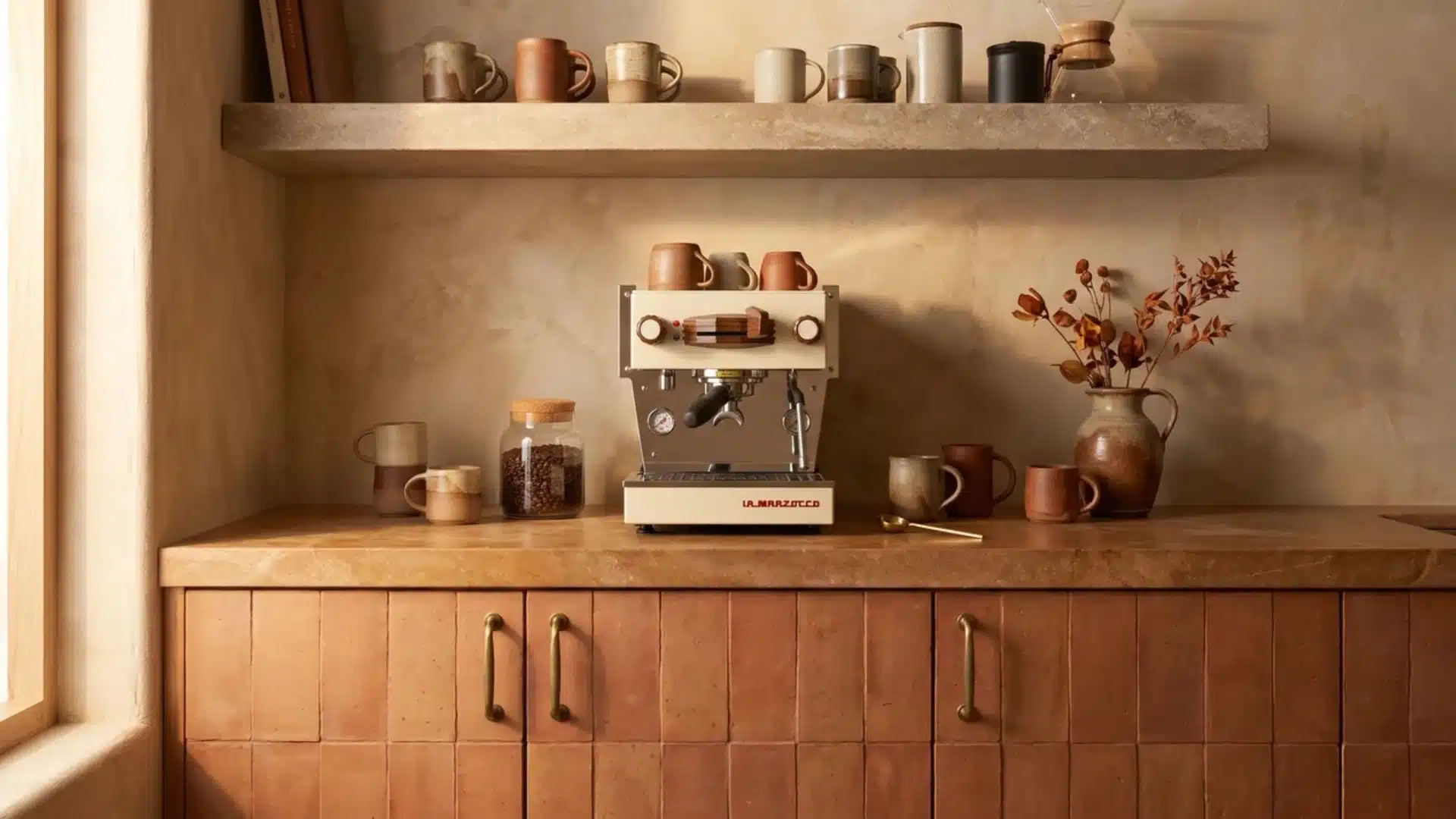 Terracotta and plaster coffee bar with stone shelf, brass hardware, clay mugs, espresso machine, bean jar, and warm light.