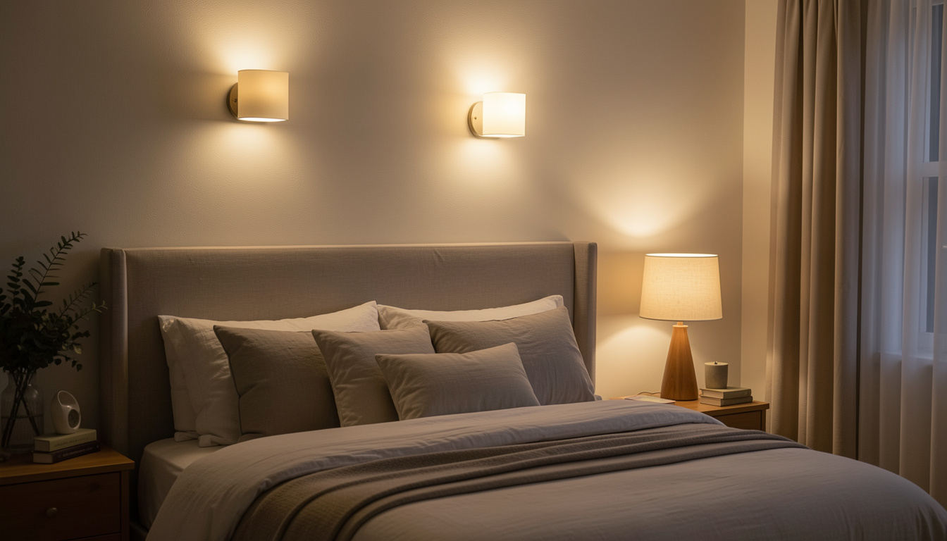 warmly lit bedroom with two sconces above a large headboard and a wooden lamp beside the bed
