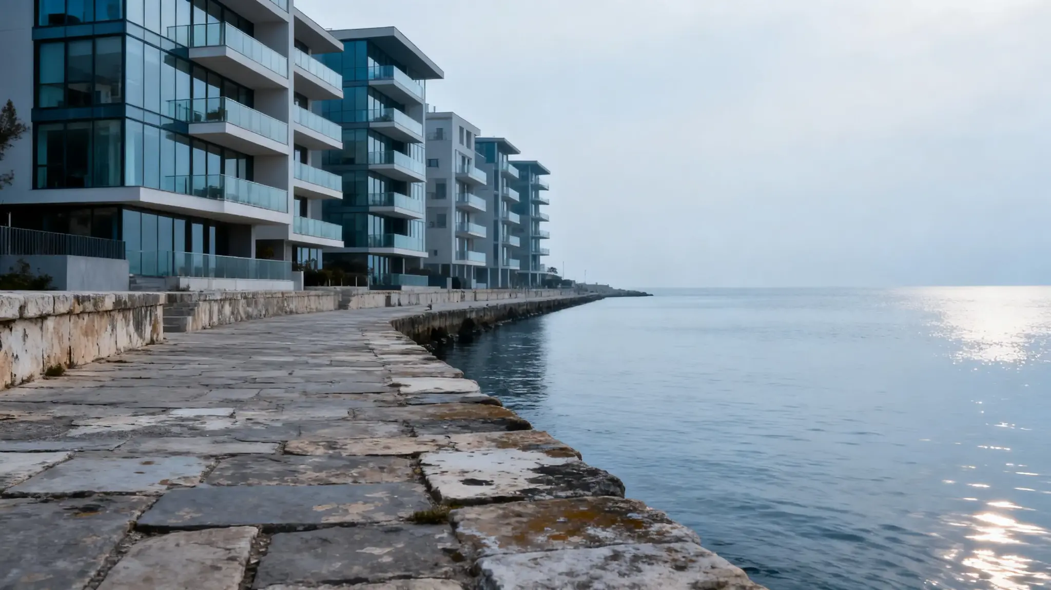 Modern waterfront apartments with glass balconies beside a stone walkway under clear sky