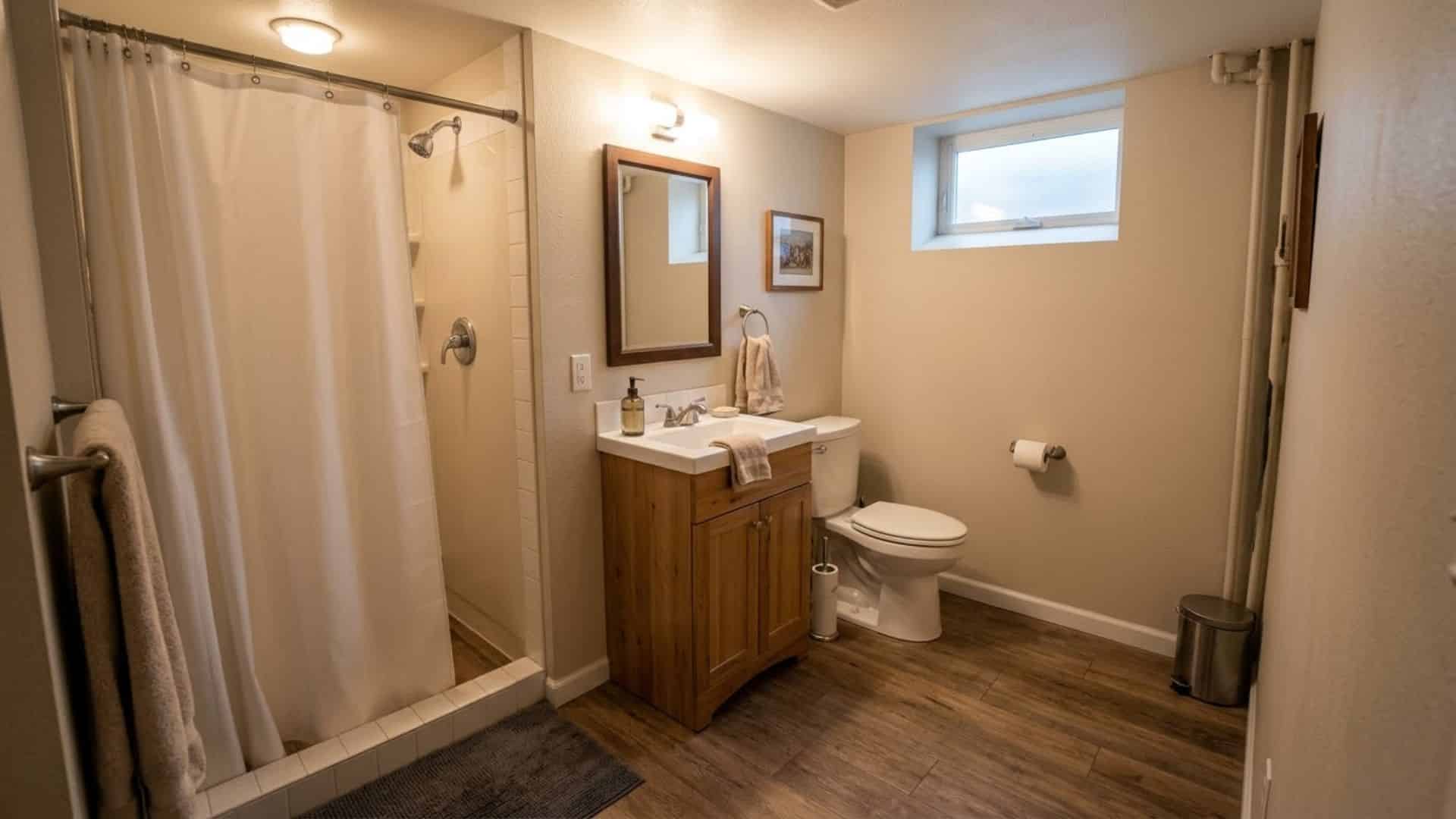 waterproof vinyl flooring in basement bathroom with wood look texture durable easy clean and modern compact design