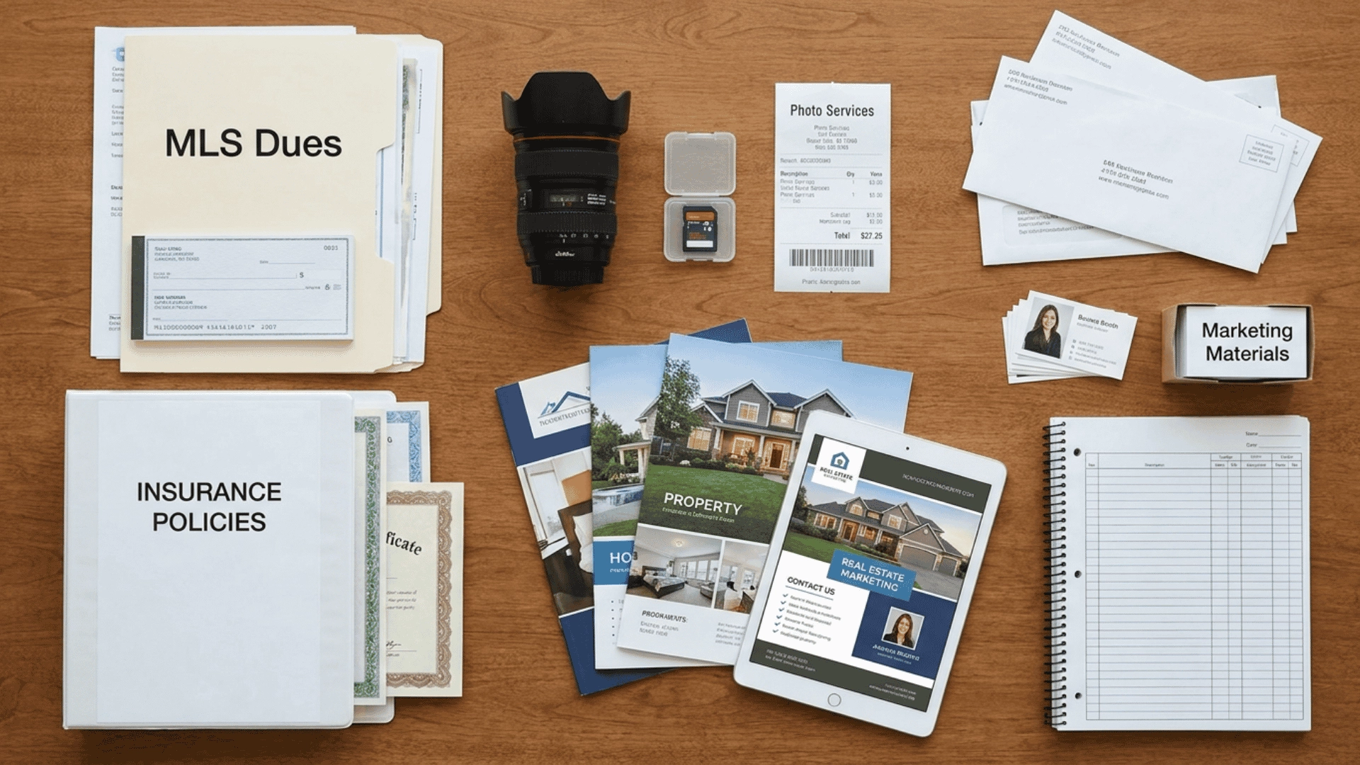 Overhead view of real estate business expenses on a table.