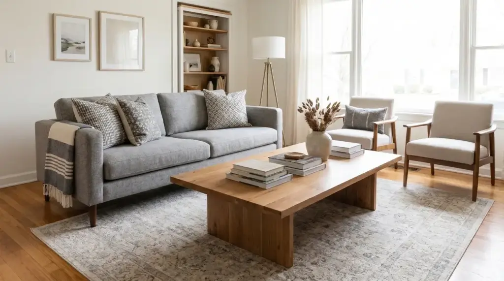 Furnished Airbnb living area with sofa, chairs, coffee table, and visible decor elements