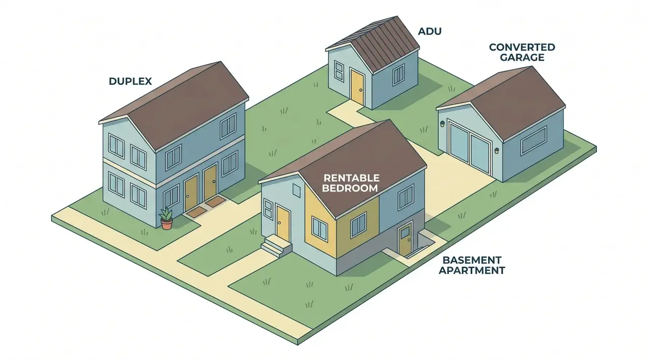 Isometric diagram showing a duplex, ADU, converted garage, rentable bedroom, and basement apartment as house hacking setups.