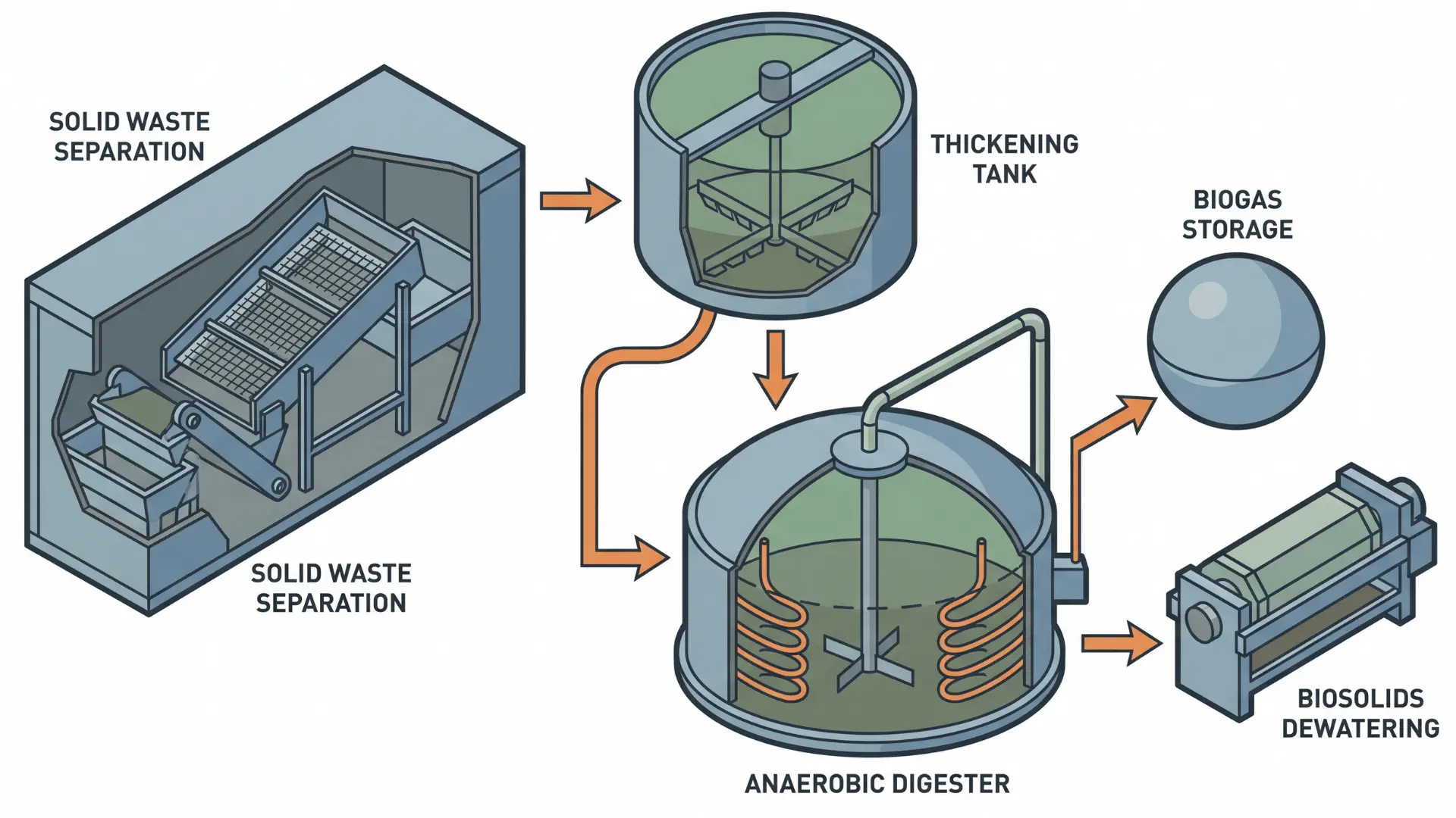 Diagram of sludge from wastewater being thickened digested producing biogas and biosolids in treatment plant process