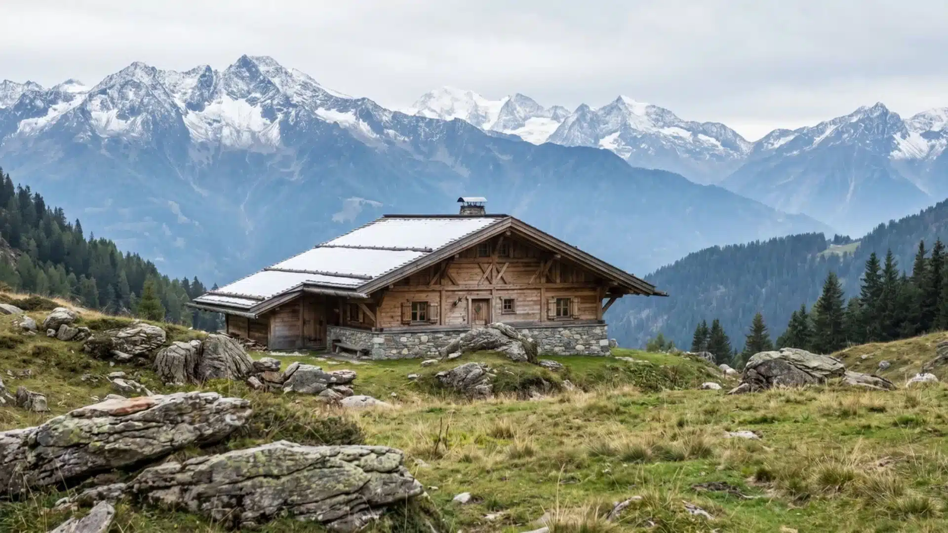 A wooden Alpine chalet with sloped roof on a grassy hillside, surrounded by rocks, pine trees, and snow-capped mountains.