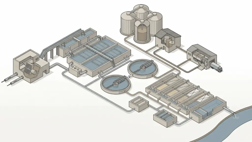 What is a Sewage Treatment Plant and How Does It Work? Isometric sewage treatment plant with tanks, pipes, clarifiers, and sludge digesters forming a full wastewater process system.