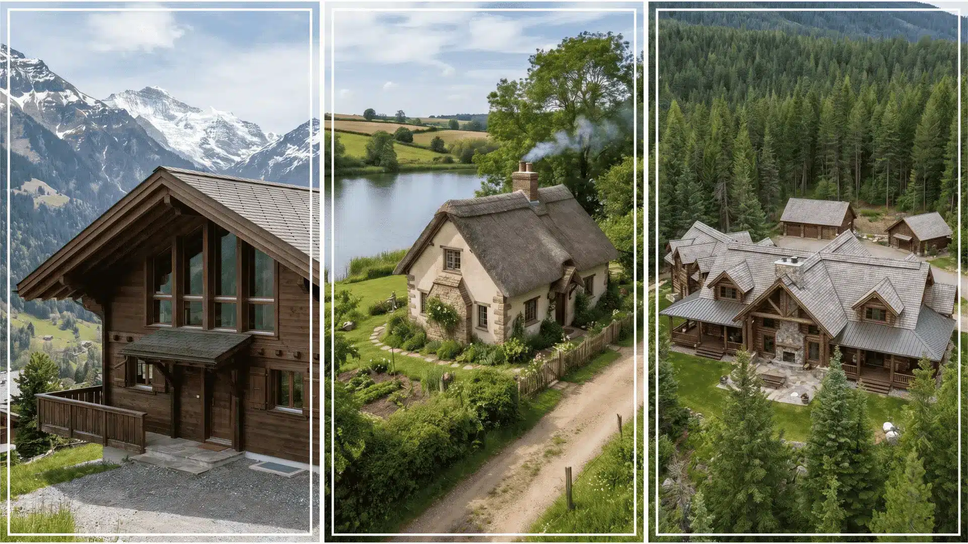 Three-way comparison of chalet, cottage, and lodge showing differences in roof style, materials, size, and setting across mountain, countryside, and forest environments.
