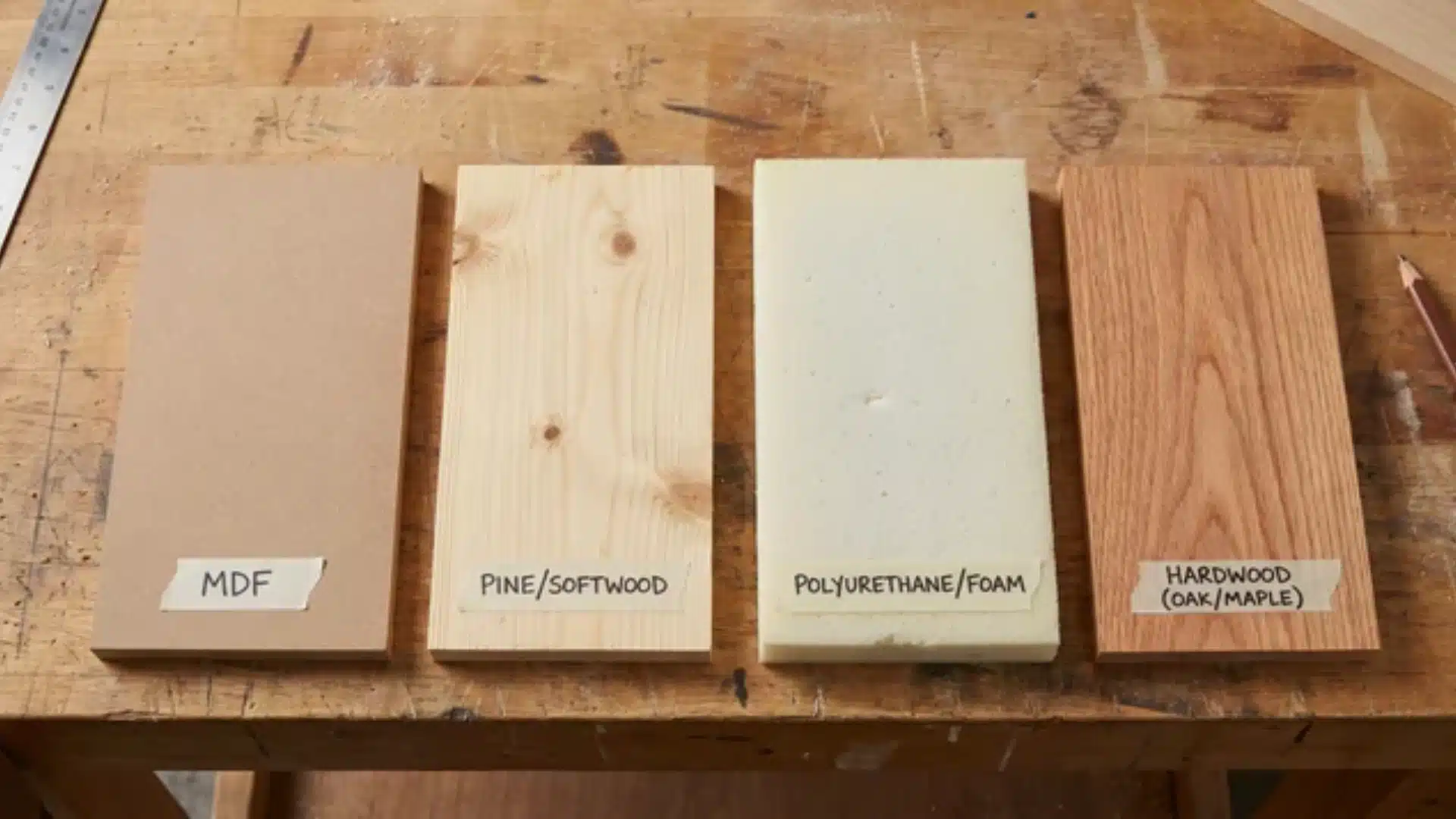 Four material samples (MDF, Pine, Polyurethane, Hardwood) side by side showing textures and colors
