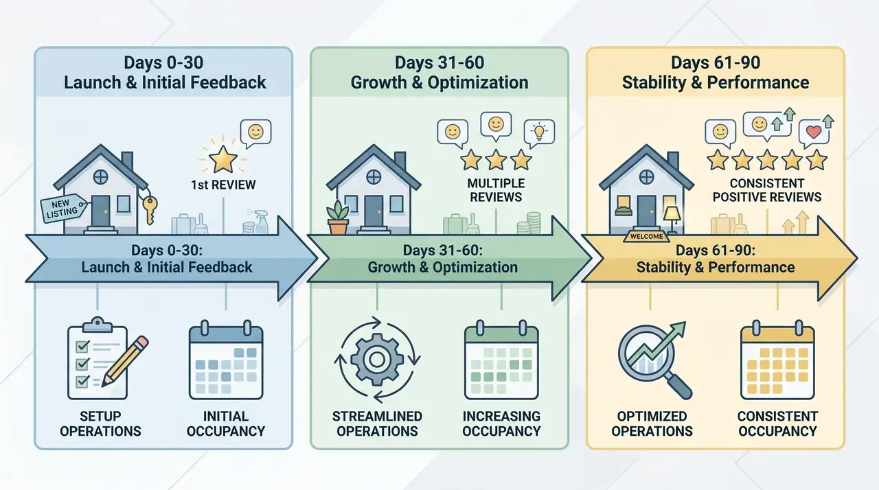 Timeline showing the first three months of a short-term rental business