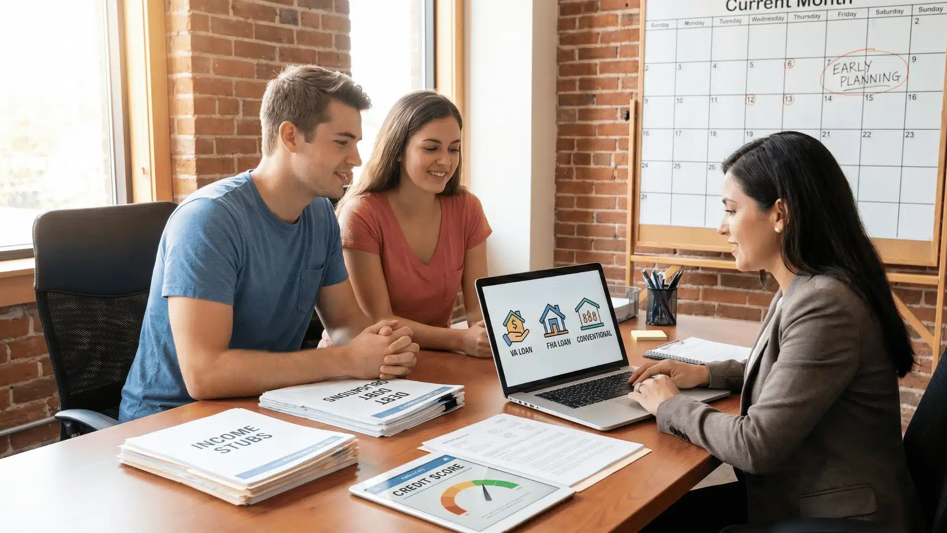 Couple meeting with a lender to review loan options, down payment requirements, and debt-to-income ratio, highlighting early homebuying planning.