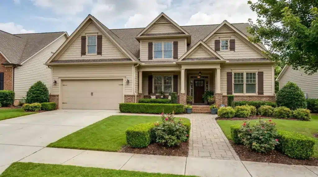 Suburban house with tidy front yard, driveway, and visible entryway
