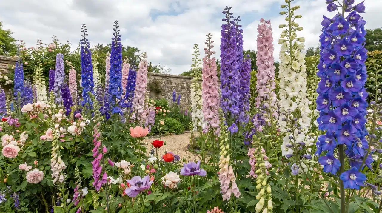 Tall spring larkspur flower spikes in a cottage garden.