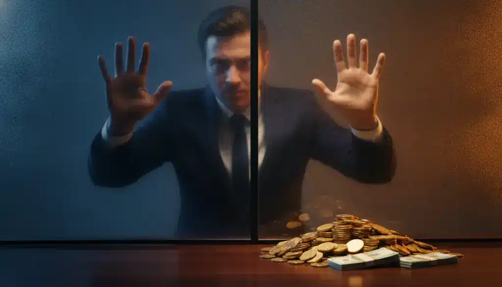 Man in suit behind frosted glass, hands on pane, with coins and cash on desk