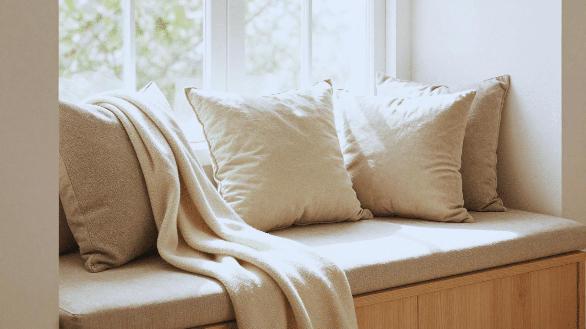 window seat with soft cushions and throw blanket in natural light cozy nook