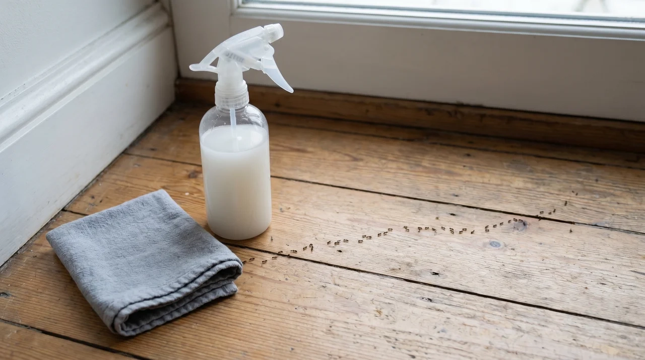 Clear spray bottle and folded cloth on a wooden floor beside a skirting board with a faint ant trail