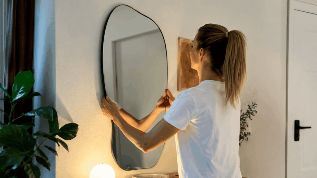 woman in white shirt adjusting a wavy wall mirror above a wooden table in a softly lit room with plants