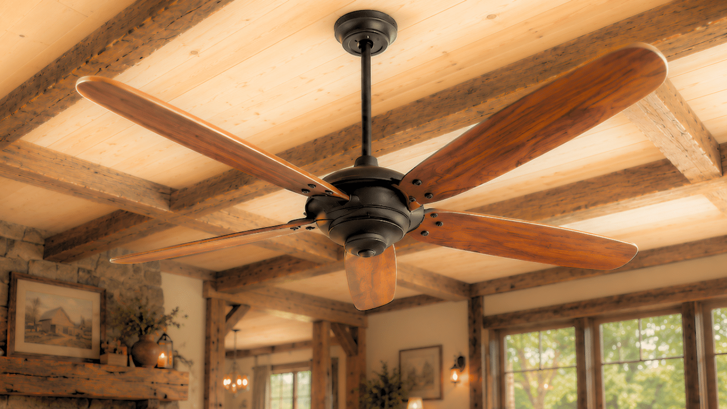 wood ceiling fan with five blades hanging above a rustic living room featuring exposed beams stone fireplace and large windows