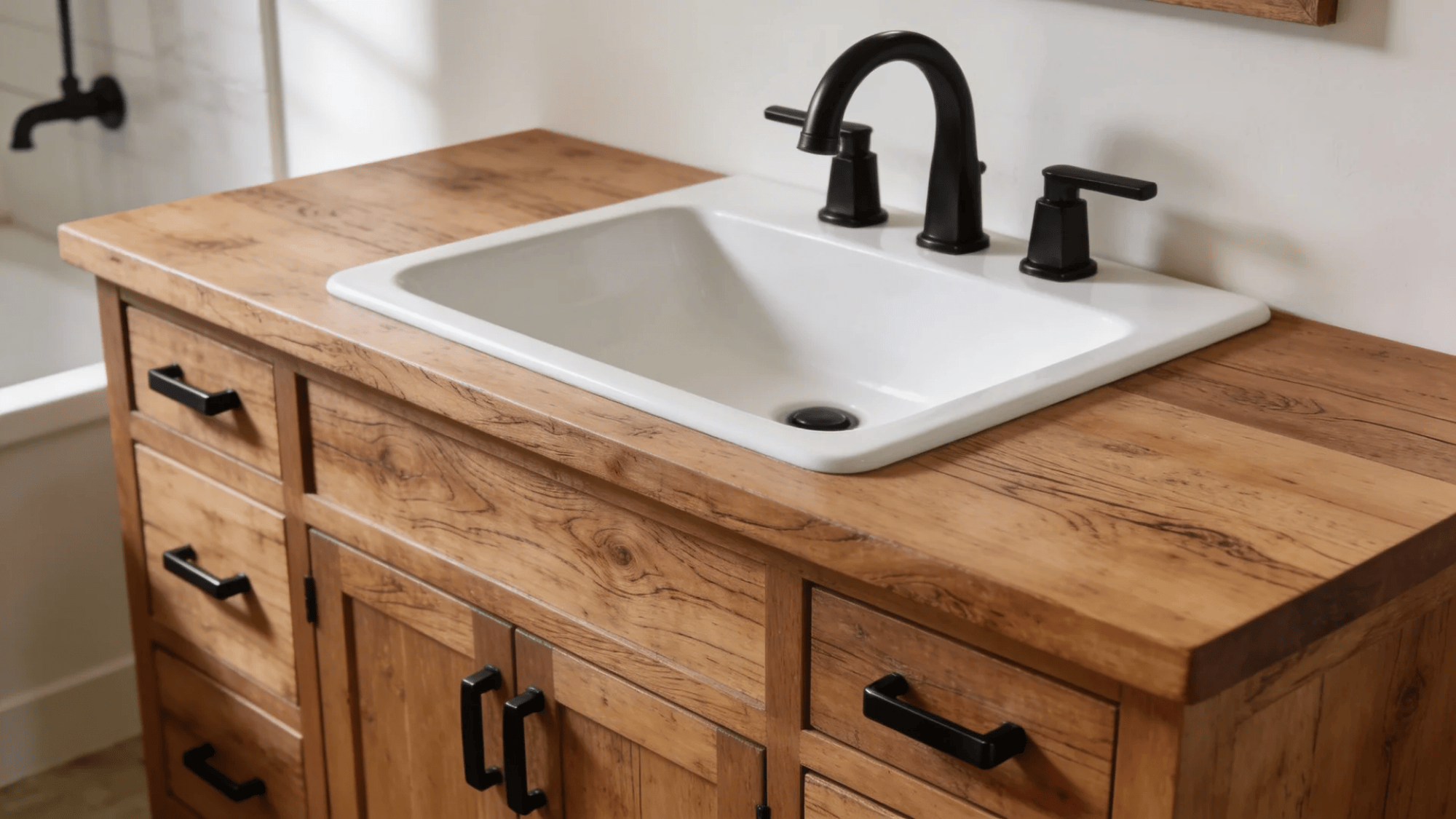 wooden bathroom vanity with white sink and black faucet creating warm rustic modern interior design