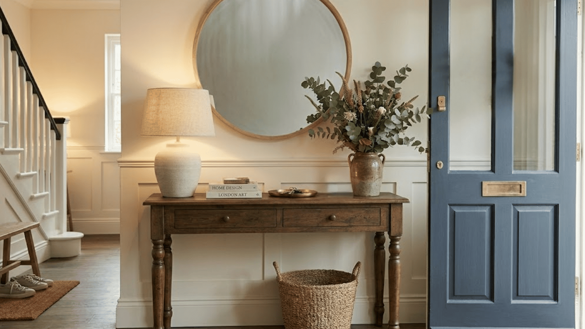 wooden console table beneath round mirror with lamp flowers and candle beside a blue front door with wreath