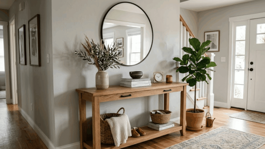 What Is a Console Table: Size, Style and Uses wooden console table beneath round wall mirror with decorative accents beside a potted plant near the front entryway