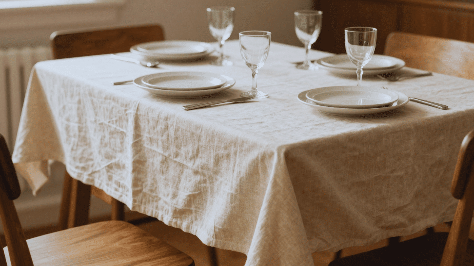 wooden dining table with light linen tablecloth simple plates and glassware