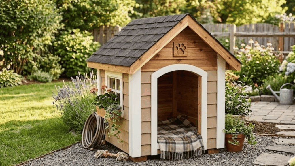 How to Make a DIY Dog House in 9 Easy Steps? wooden dog house with a cozy blanket at the entrance surrounded by flowers and greenery in a backyard garden