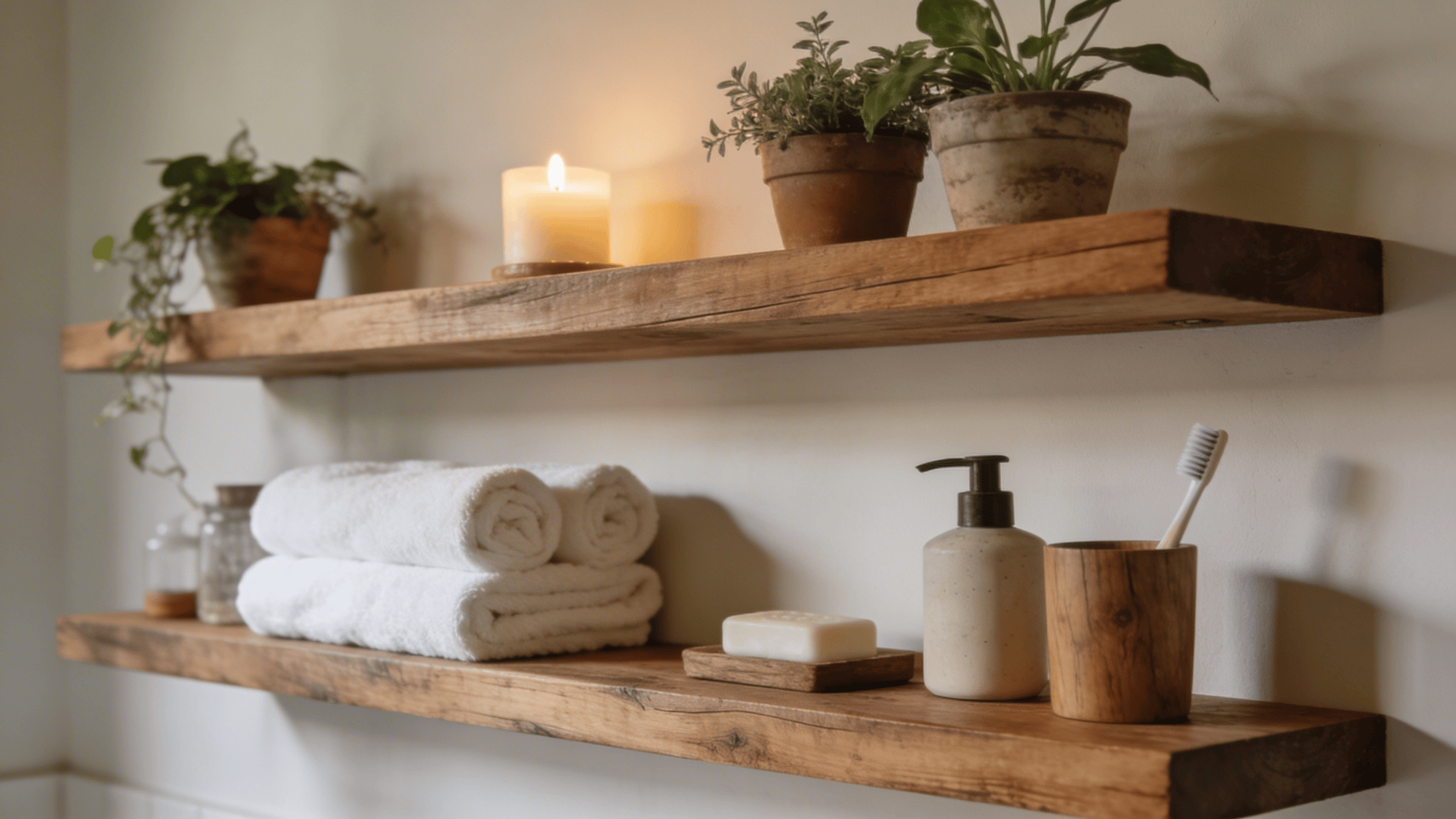wooden shelves with folded towels soap dispenser toothbrush and plants with candle in warm cozy bathroom