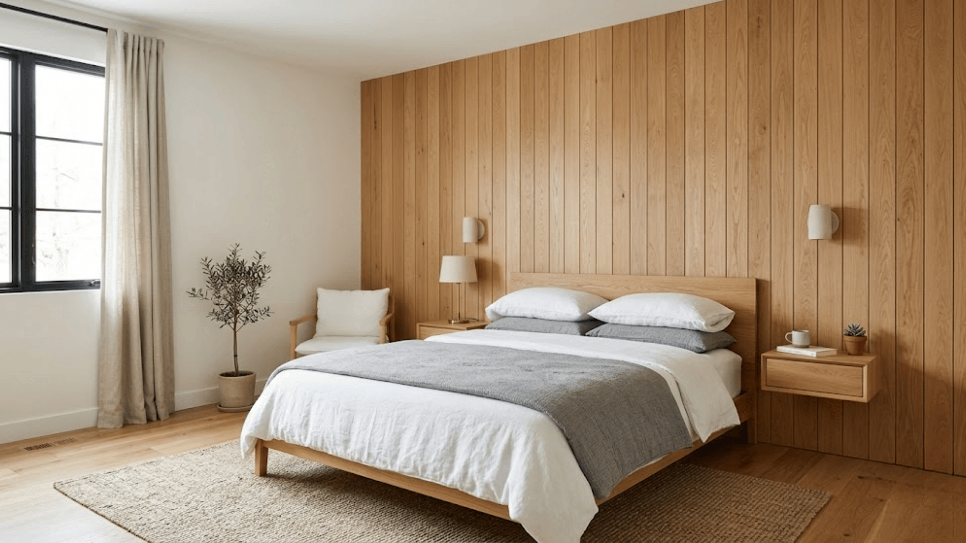 wooden panel gives minimalist look for small bedroom