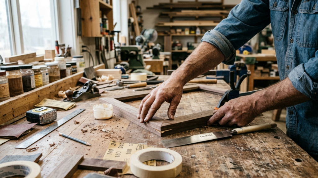 DIY Picture Frame: How to Build One at Home as a Beginner? woodworker assembling a wooden frame on a workbench surrounded by tools and materials in a busy workshop (1)