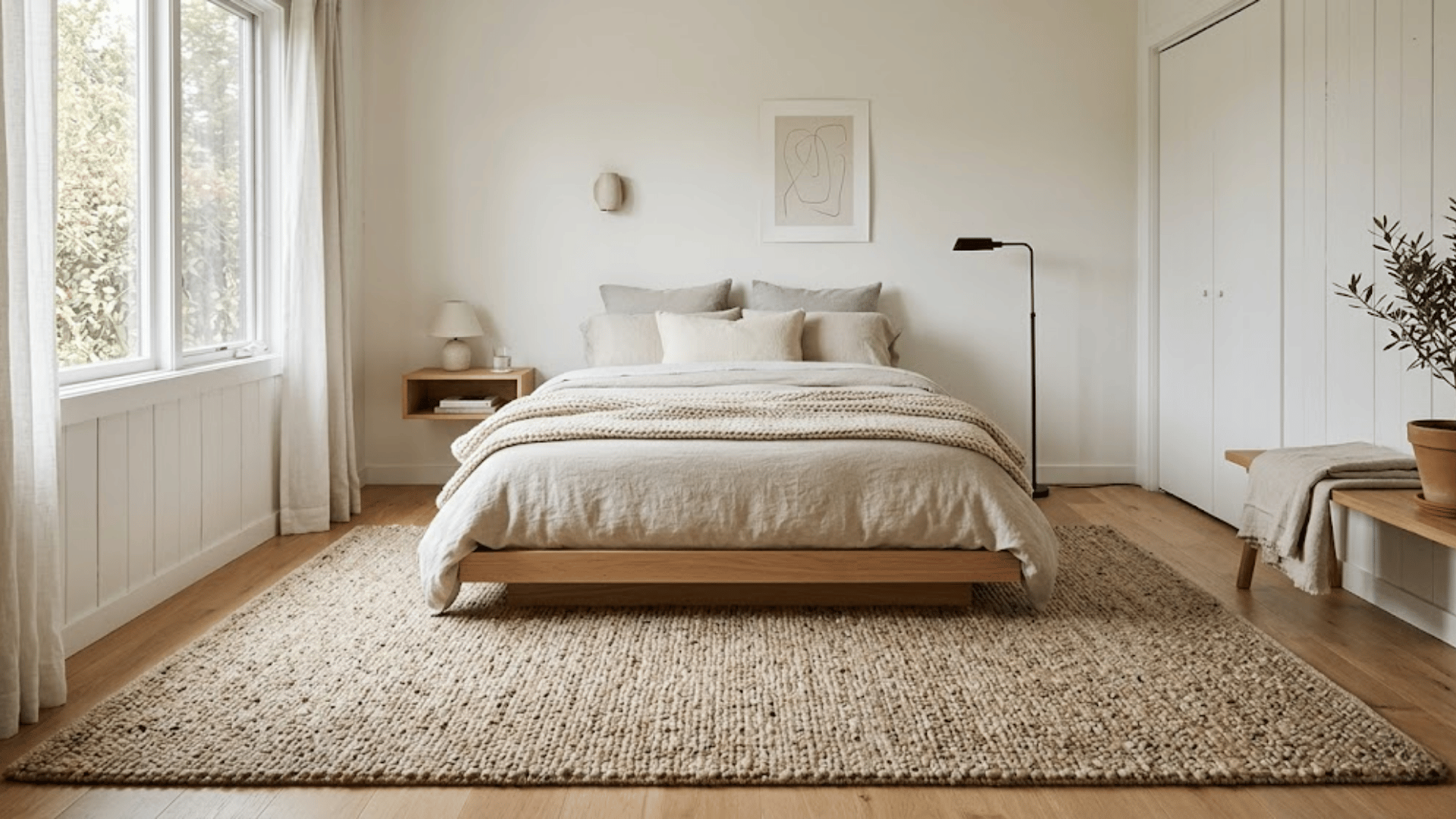_wool or jute rug in a neutral tone gives minimalist look to small bedroom