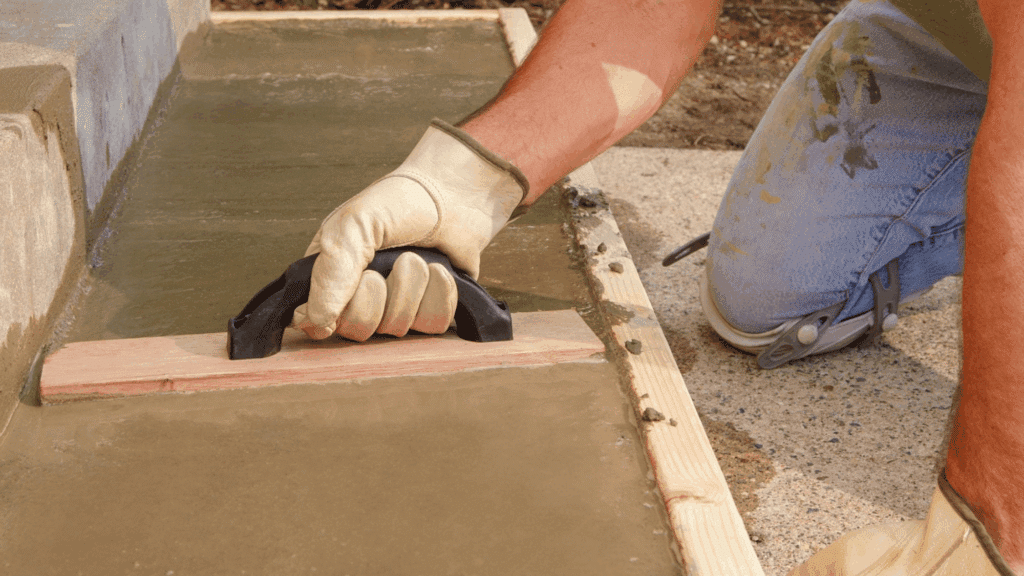worker smoothing freshly repaired concrete surface with a hand float to create an even finish before curing begins