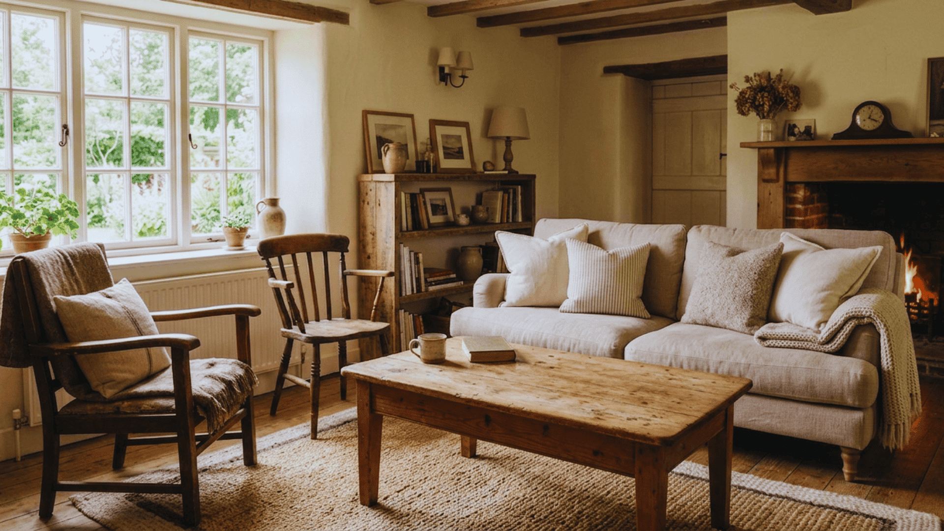 worn wooden coffee table in cozy cottage living room with sofa