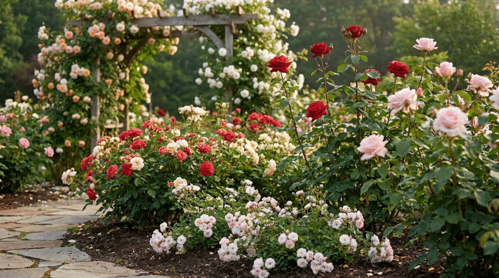 A realistic garden showing different rose types with climbing, shrub, floribunda, and hybrid tea roses in bloom