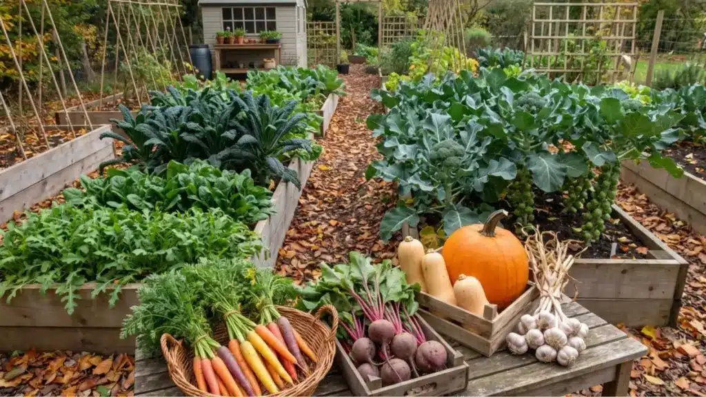 Top 16 Fall Vegetables for Cooking, Growing, and Buying Fall vegetables including kale, spinach, broccoli, carrots, squash, pumpkin, and garlic in a garden setting