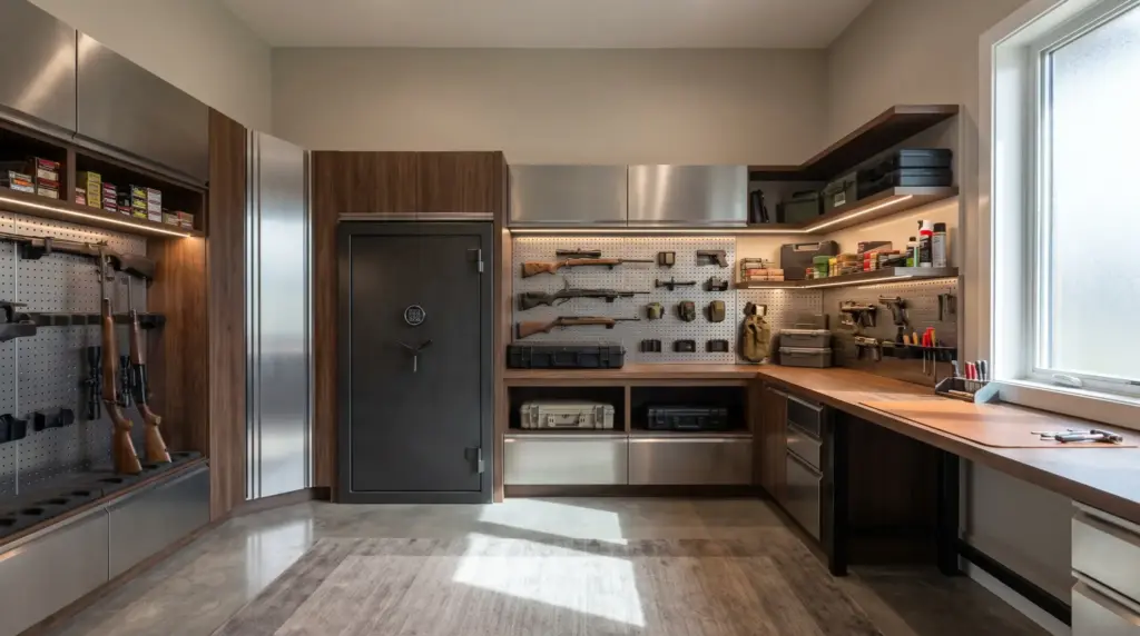 Modern home gun room with secure storage cabinets, wall-mounted racks, gun safe and organized interior design.