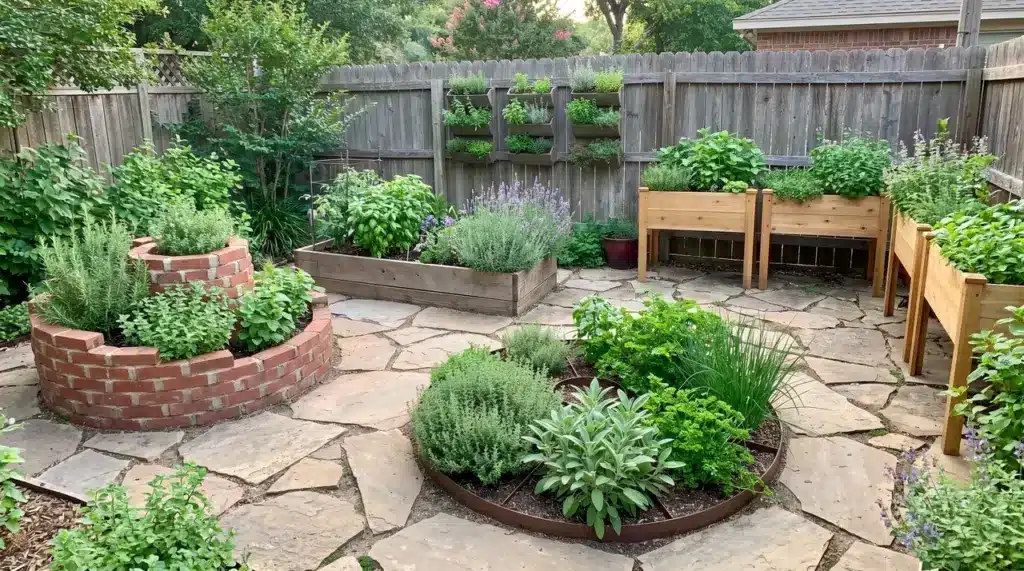 Backyard herb garden with raised beds, herb spiral, vertical planters, and themed herb sections connected by stone paths