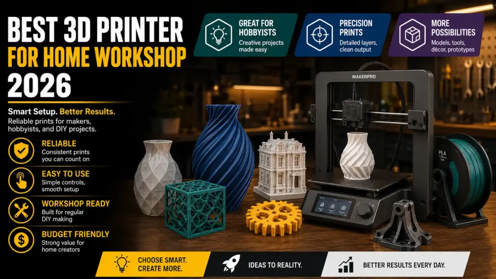 3D Printer for Home Workshop 3D printer displaying multiple intricate models on a wooden desk in a workshop setting