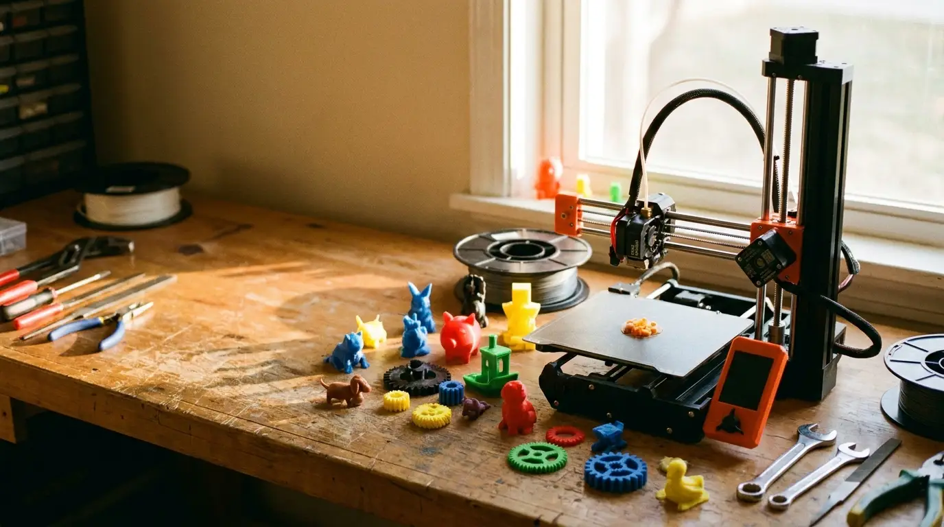 3D printer crafting colorful plastic figures on a wooden workbench with tools and filament spool