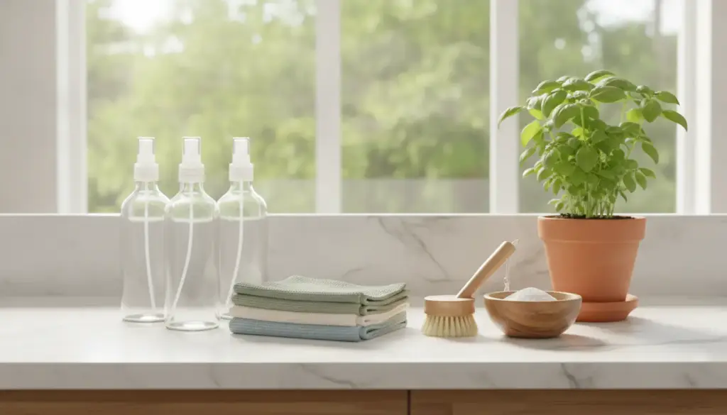 5 Simple Eco-Friendly Cleaning Habits That Make a Big Difference Spray bottles, folded cloths, and potted basil on a marble countertop with natural light