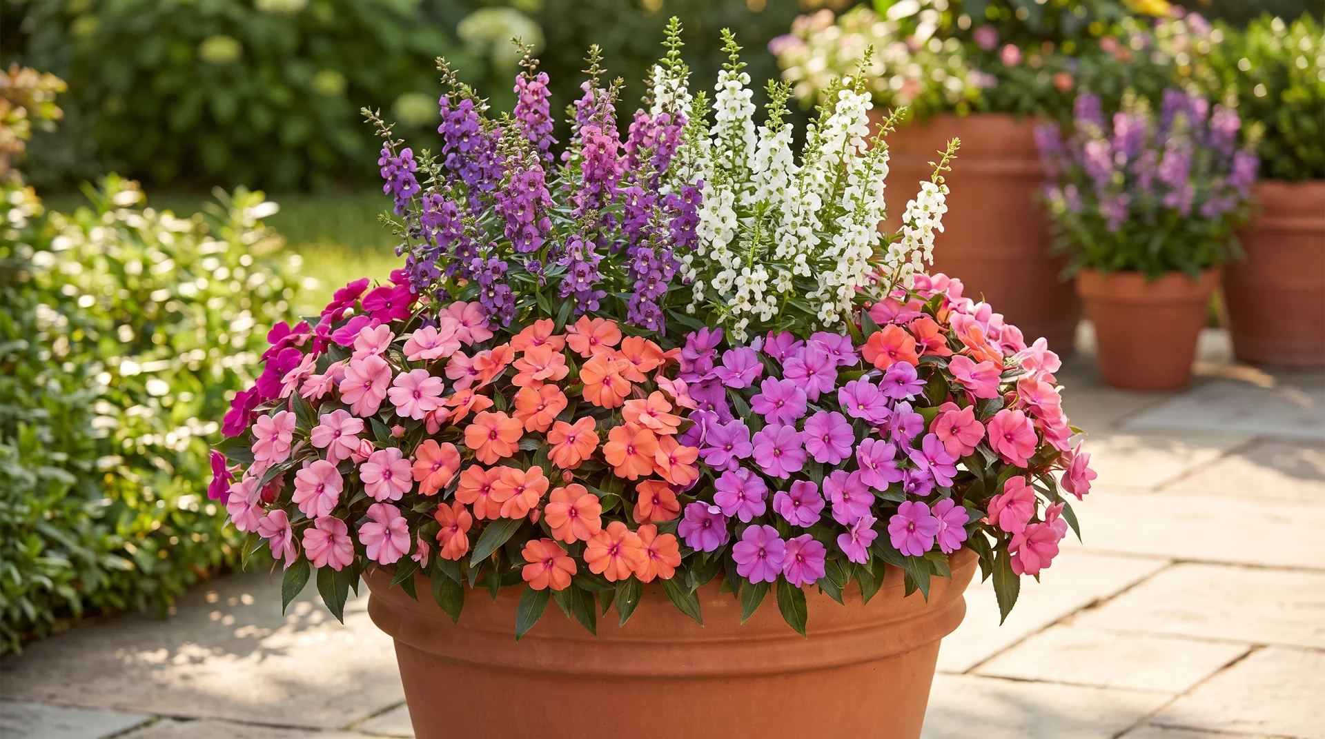 SunPatiens and angelonia growing together in a sunny container garden