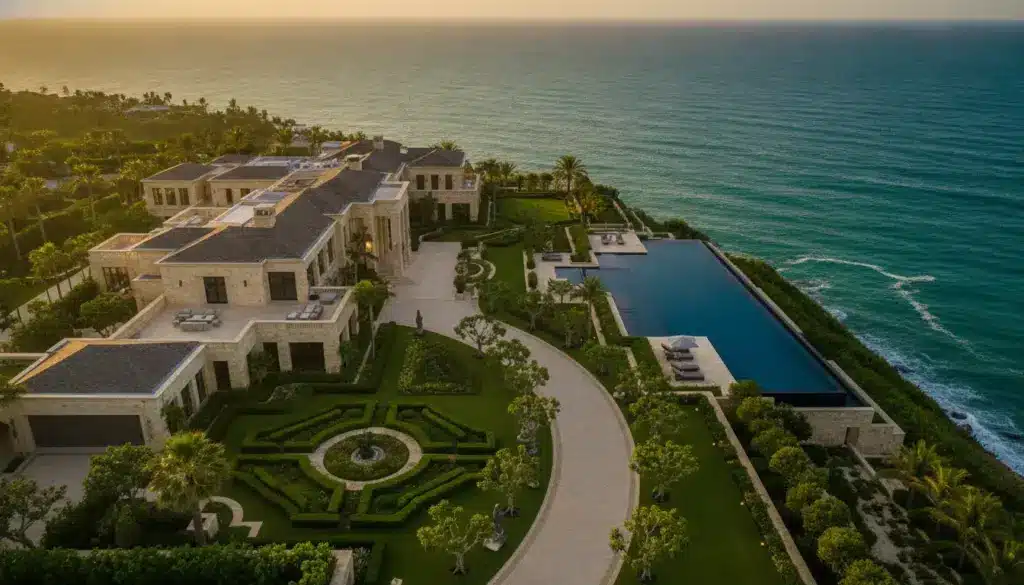 Luxurious oceanfront mansion with expansive gardens and infinity pool at sunset